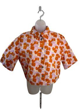 Zara Lavander Orange Cream Floral Short Sleeve Denim Top Size Medium